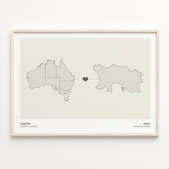 Australia To Jersey Print Japanese Gift Minimalistic Country Connection Map Poster Travel Wall Art Dual Citizenship C21887