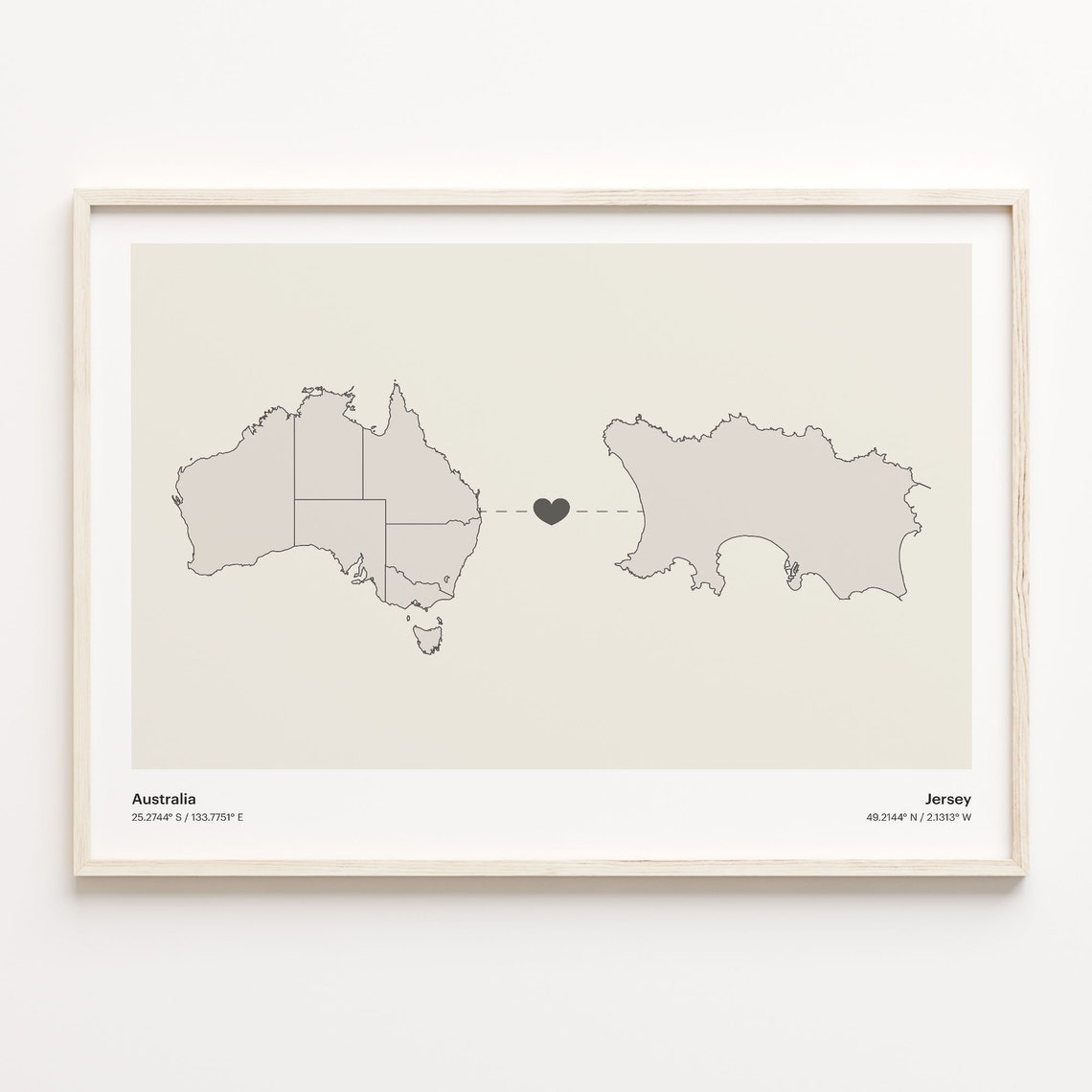 Australia to Jersey Minimalist Heart Couple Connection Map Poster
