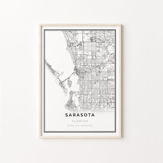 Sarasota Florida Modern Minimalist Black and White City Map Poster