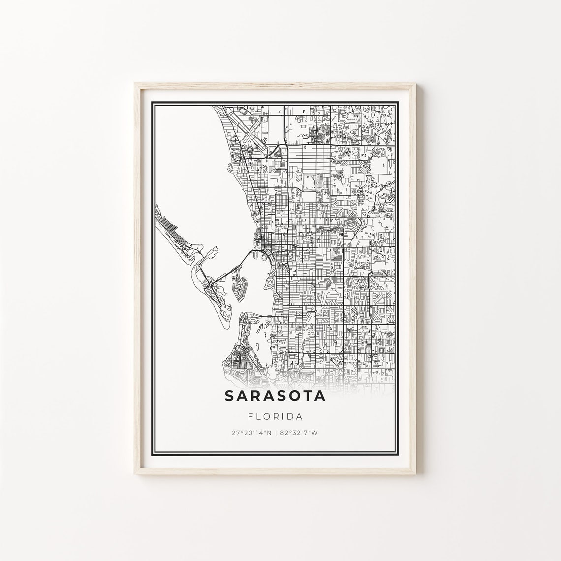 Sarasota Florida Modern Minimalist Black and White City Map Poster