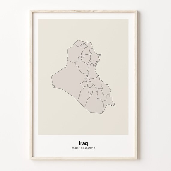 Iraq Beige Minimalist Line Art Country Map Coordinates Poster