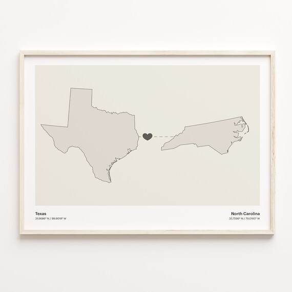 Texas North Carolina Beige Minimalist Heart Connection Map Poster