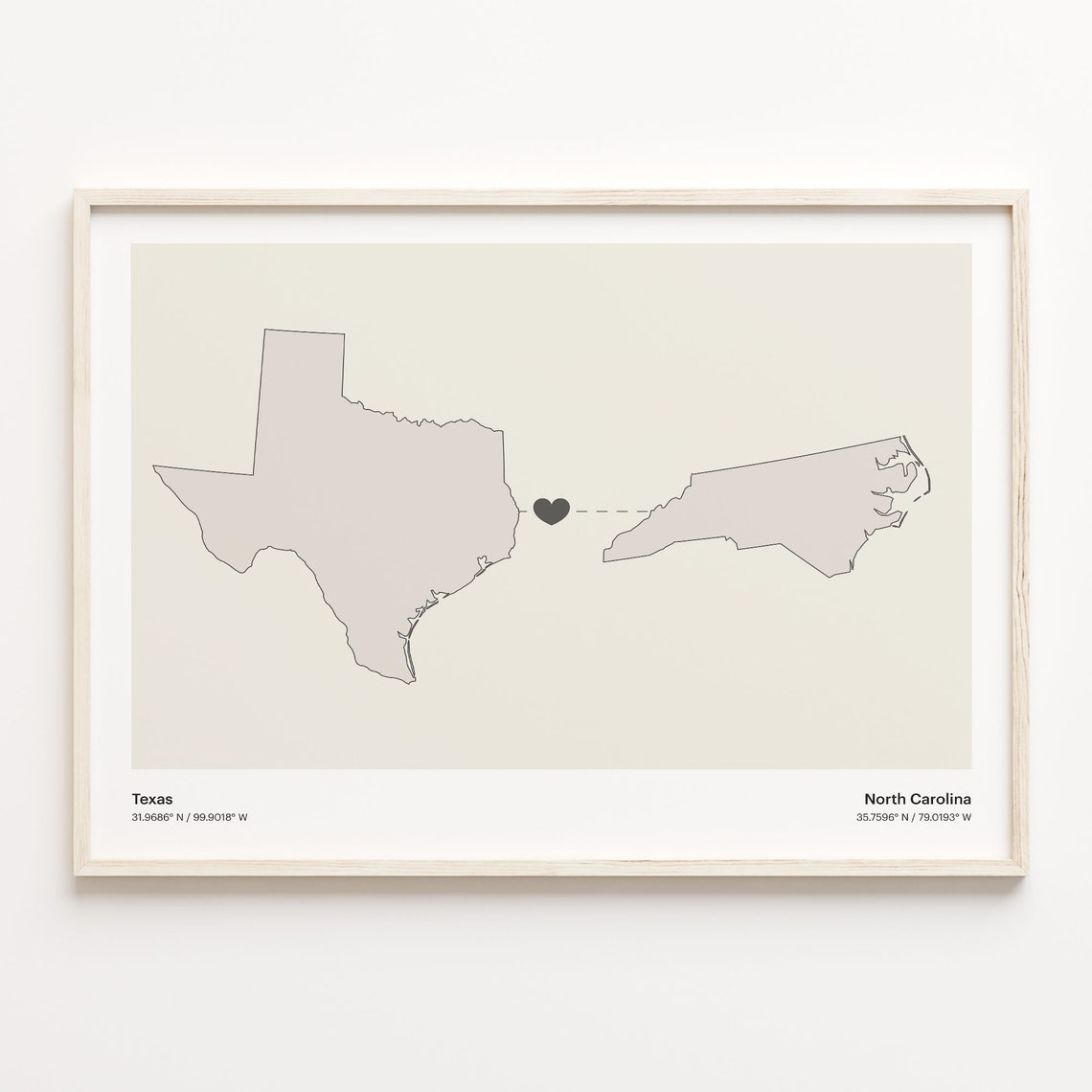 Texas North Carolina Beige Minimalist Heart Connection Map Poster