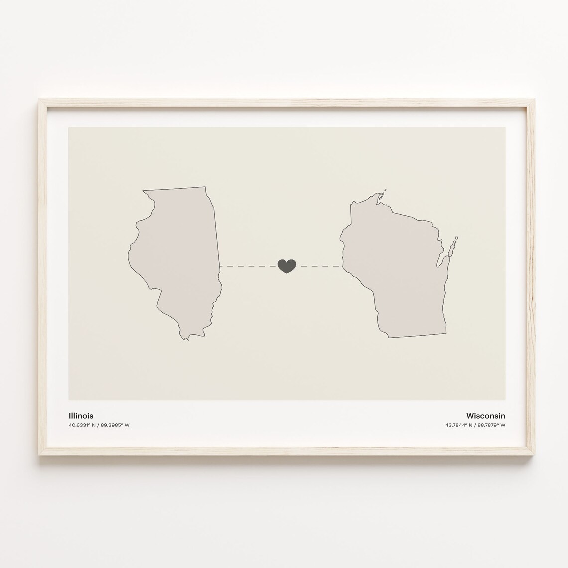 Illinois To Wisconsin Minimalist Heart State Map Connection Print