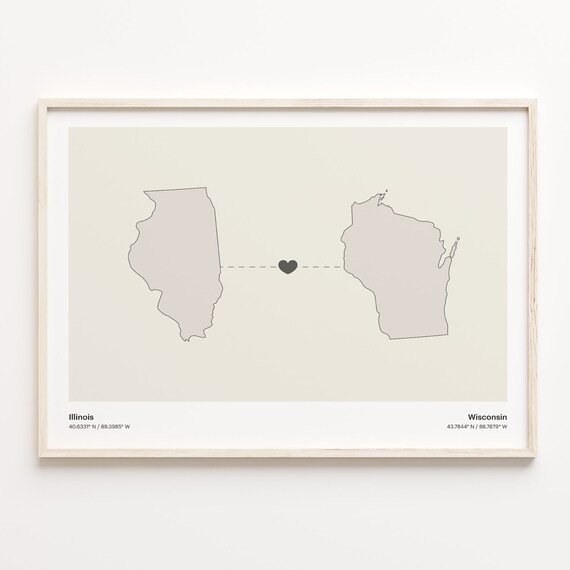 Illinois To Wisconsin Minimalist Heart State Map Connection Print