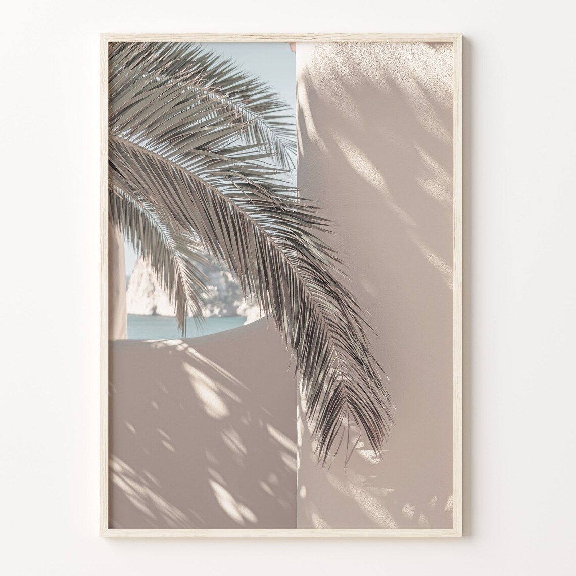 Palm Leaf Shadow On Beige Wall Minimalist Coastal Photo Poster