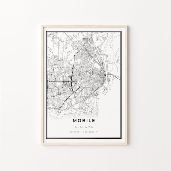 Mobile Alabama City Map Black White Street Line Art Minimalist Poster