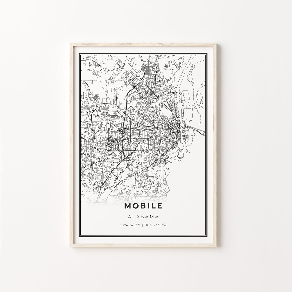Mobile Alabama City Map Black White Street Line Art Minimalist Poster