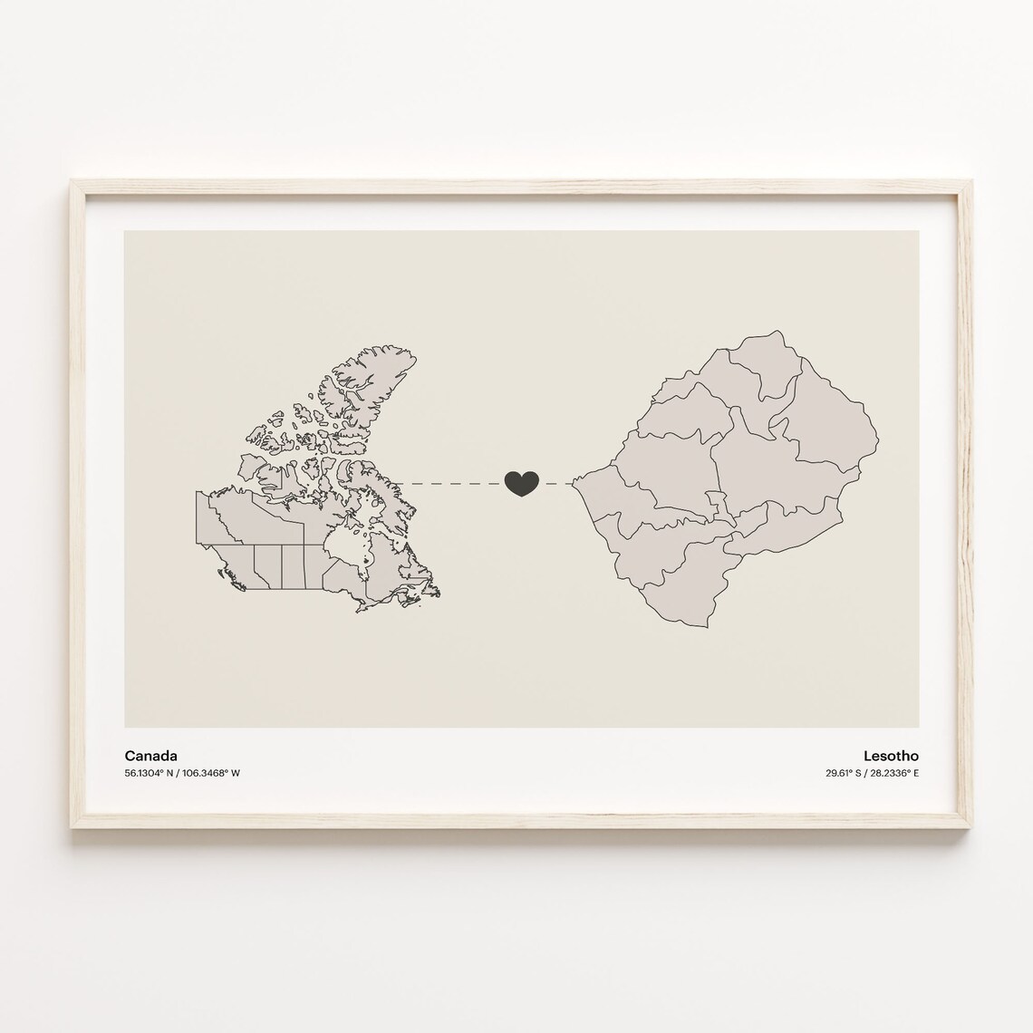 Canada Lesotho Heart Connection Map Minimalist Long Distance Gift Poster