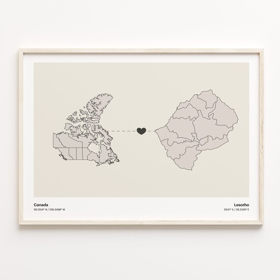 Canada Lesotho Heart Connection Map Minimalist Long Distance Gift Poster