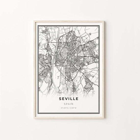 Seville Spain Black and White Street Map Minimalist Decor Poster