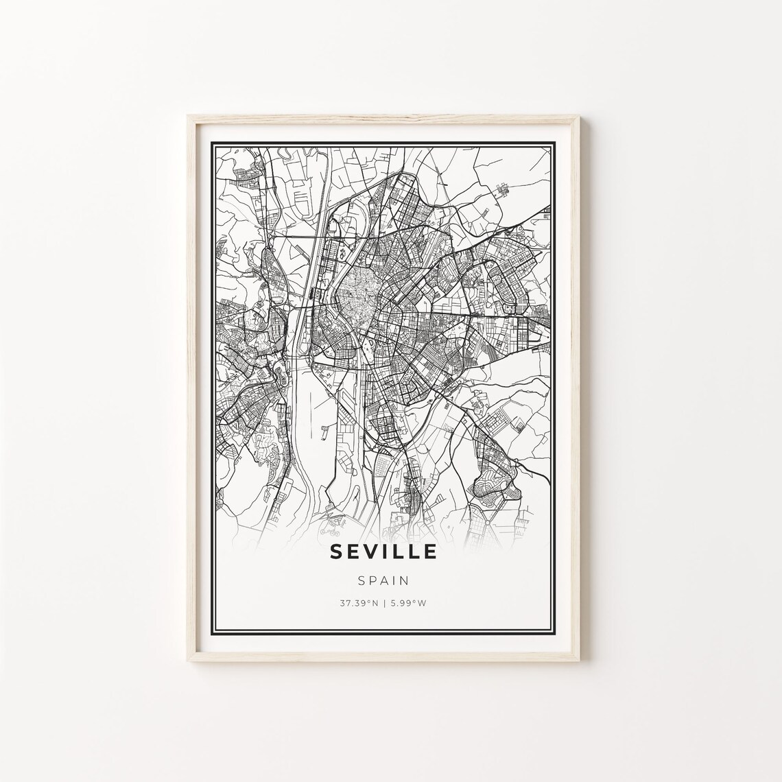 Seville Spain Black and White Street Map Minimalist Decor Poster