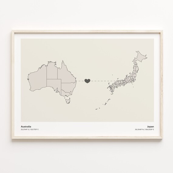 Australia to Japan Minimalist Heart Couple Connection Map Poster