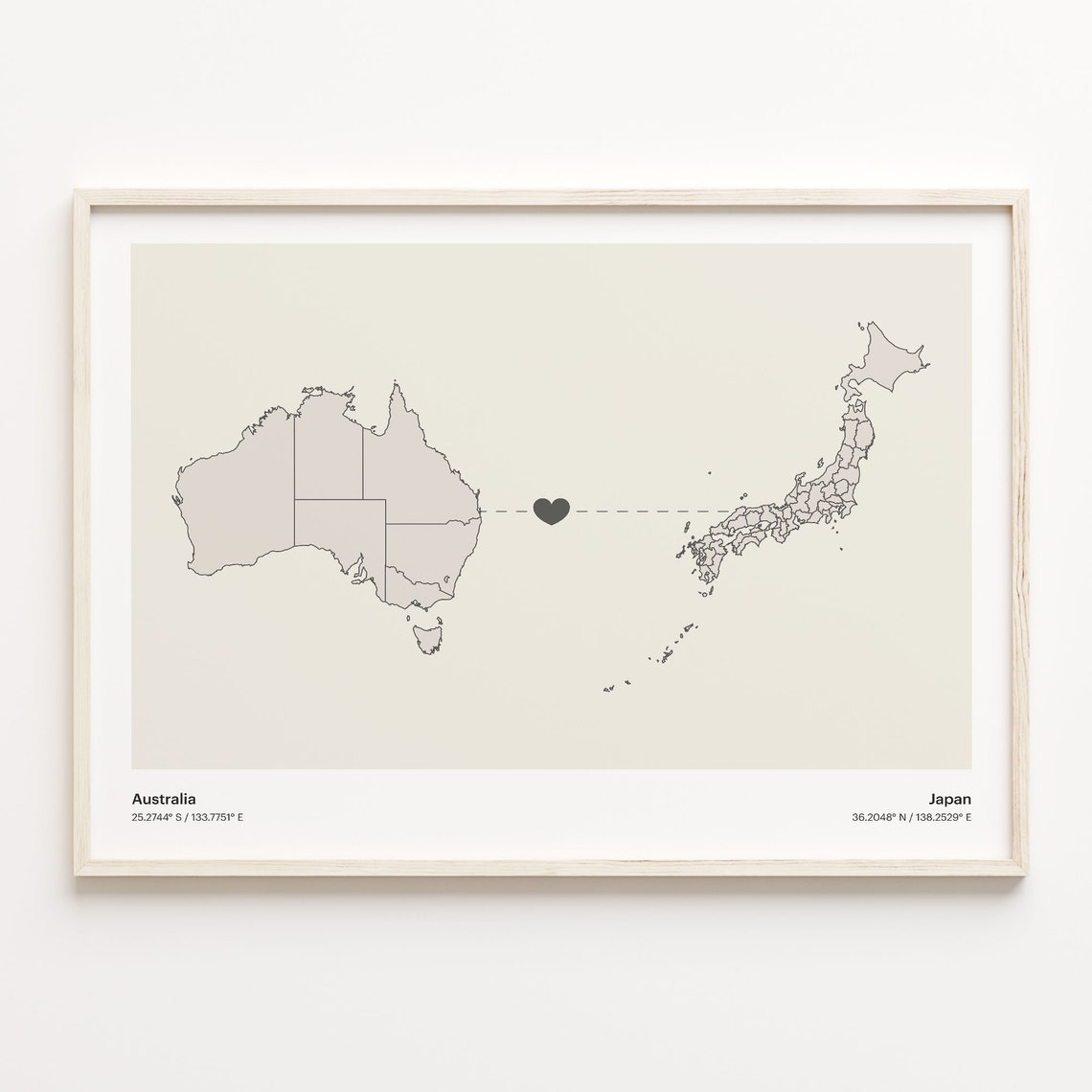 Australia to Japan Minimalist Heart Couple Connection Map Poster