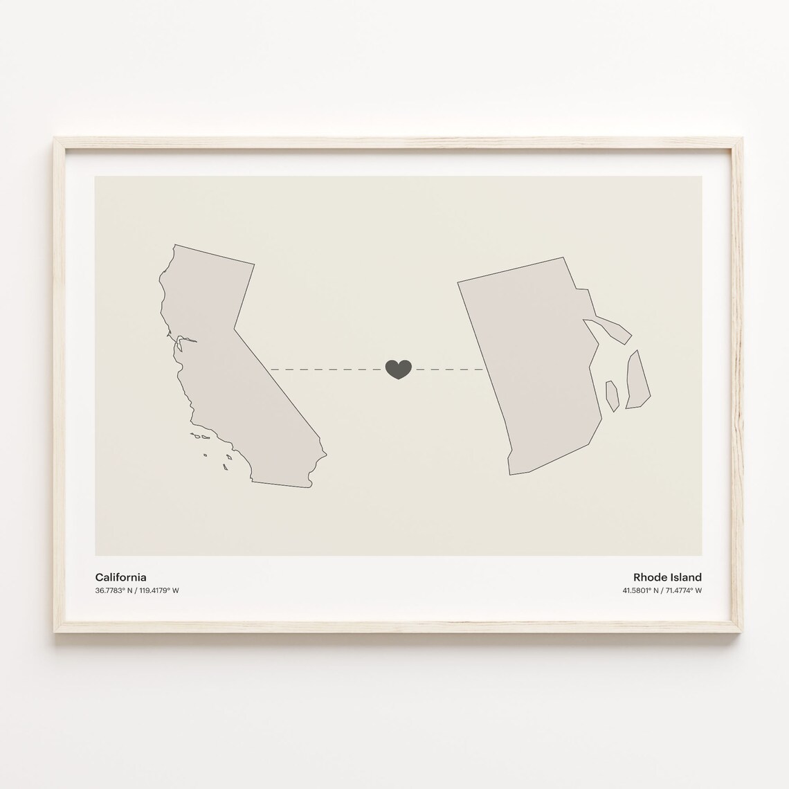 California and Rhode Island Couple Long Distance Love Heart Map Poster