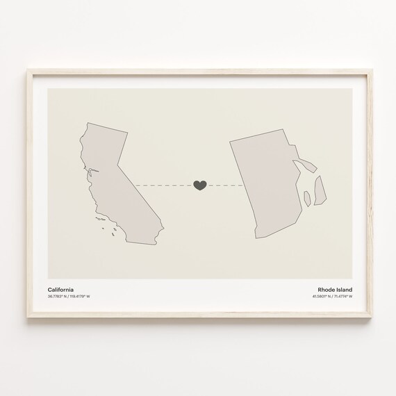 California and Rhode Island Couple Long Distance Love Heart Map Poster