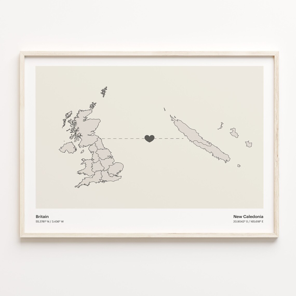 Britain To New Caledonia Minimalist Country Heart Connection Map Poster