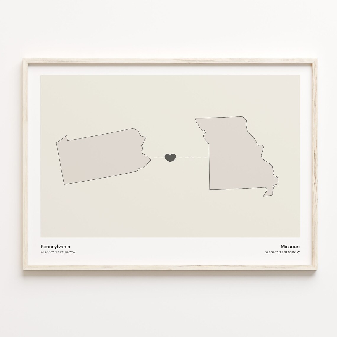 Pennsylvania to Missouri Long Distance Love Heart Connection Map Poster