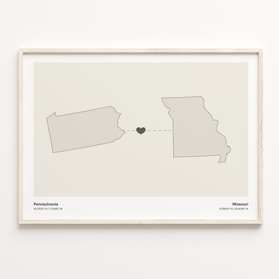 Pennsylvania to Missouri Long Distance Love Heart Connection Map Poster