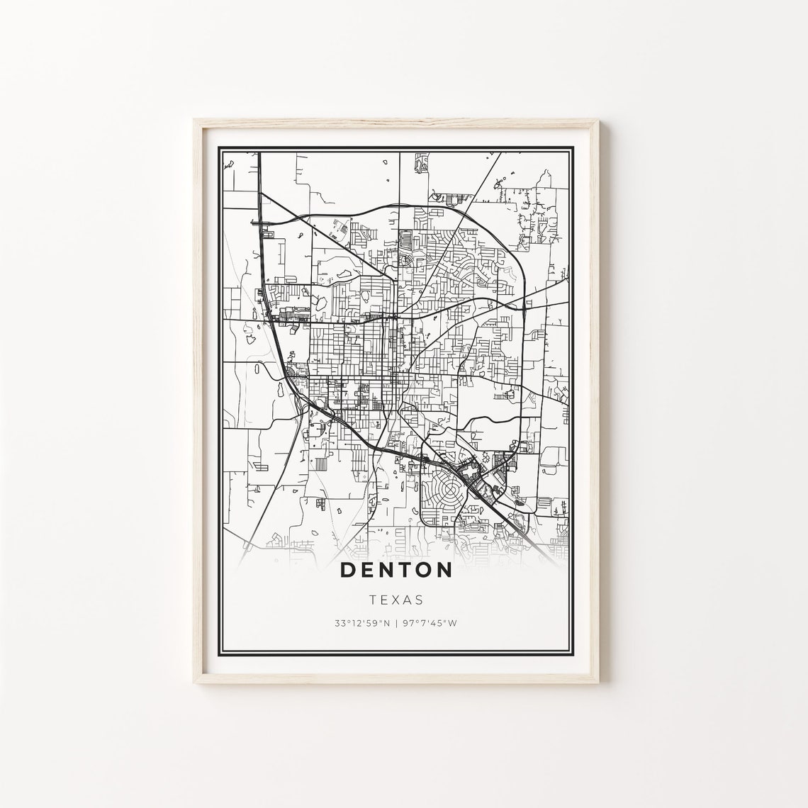 Denton Texas Minimalist Modern Black And White City Map Poster