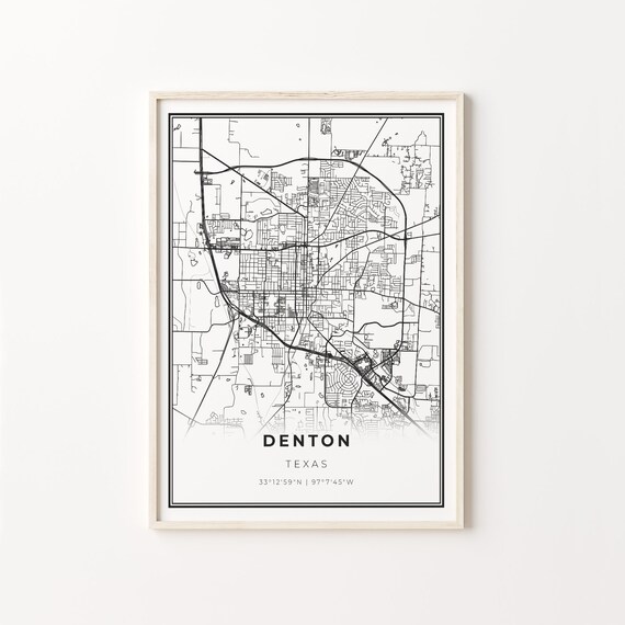 Denton Texas Minimalist Modern Black And White City Map Poster