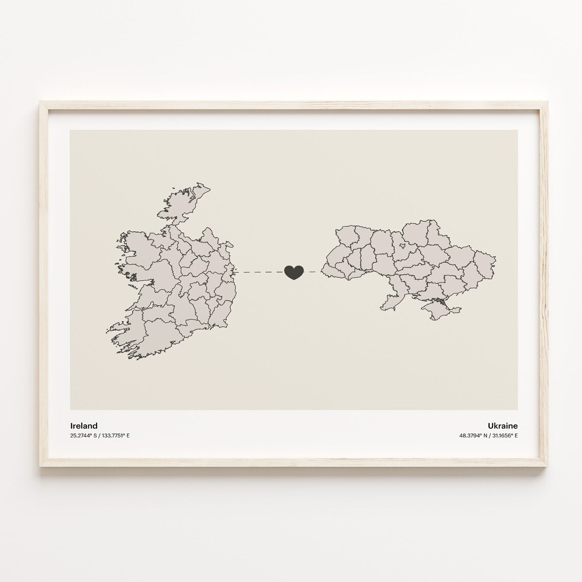 Ireland To Ukraine Minimalist Heart Map Long Distance Love Poster