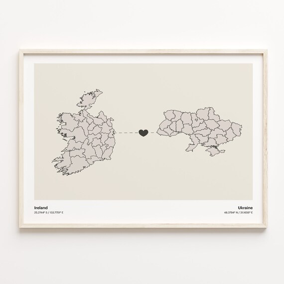 Ireland To Ukraine Minimalist Heart Map Long Distance Love Poster