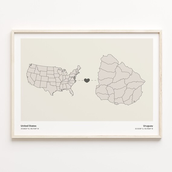 United States and Uruguay Long Distance Heart Map Connection Poster