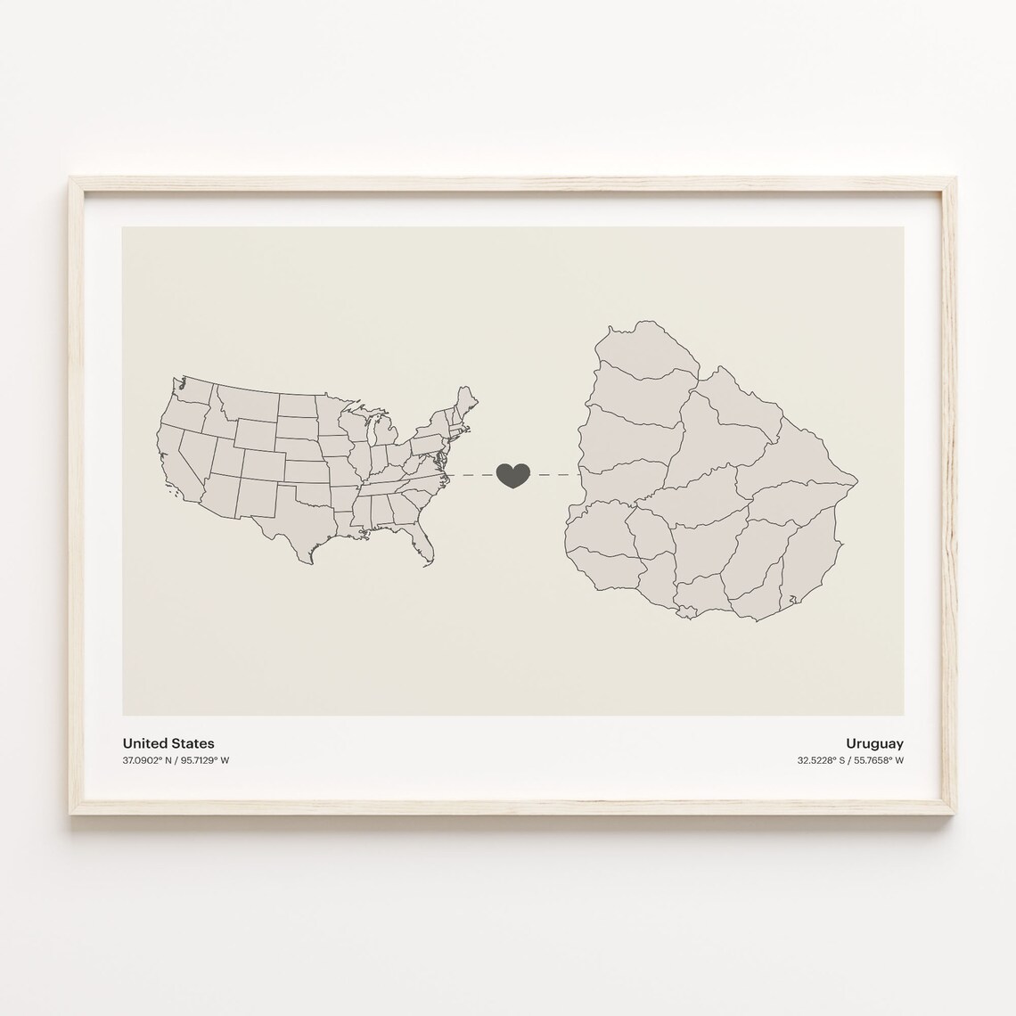 United States and Uruguay Long Distance Heart Map Connection Poster