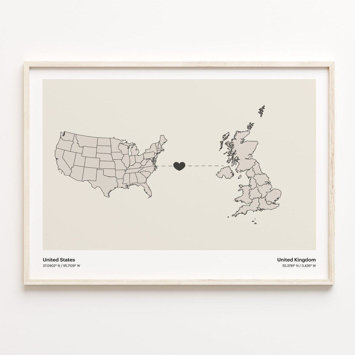 United States to United Kingdom Heart Connection Map Long Distance Gift Poster