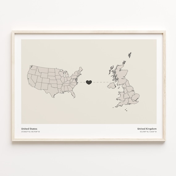 United States to United Kingdom Heart Connection Map Long Distance Gift Poster