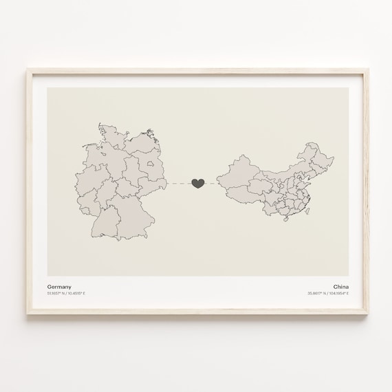 Germany to China Minimalist Long Distance Heart Map Connection Poster