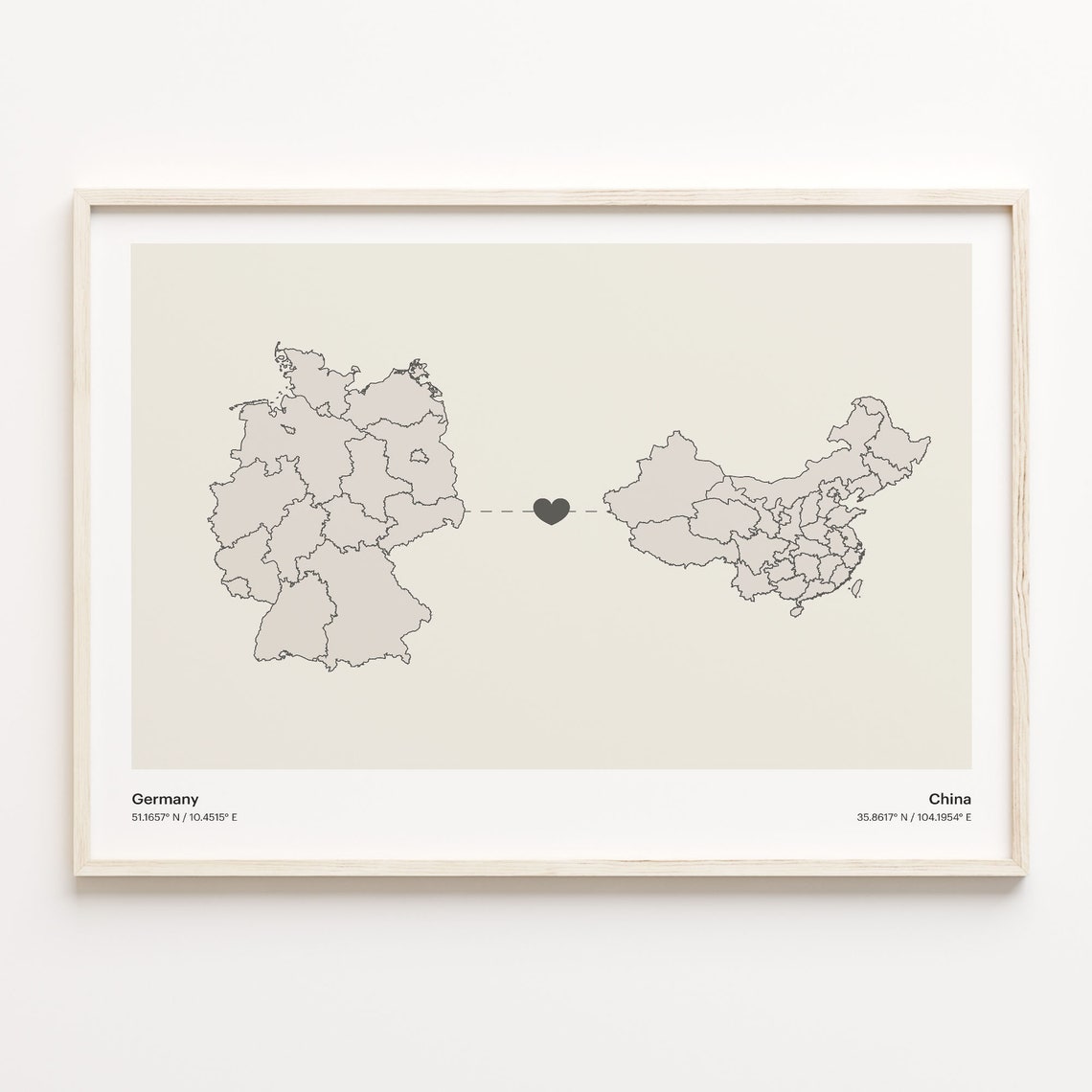 Germany to China Minimalist Long Distance Heart Map Connection Poster