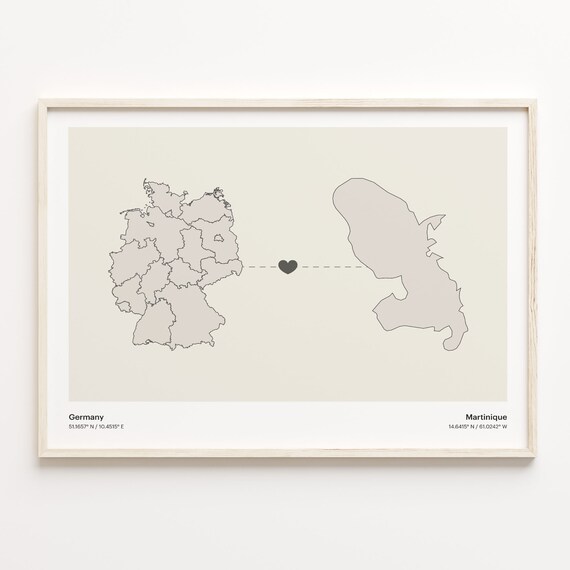 Germany to Martinique Minimalist Heart Connection Map Poster