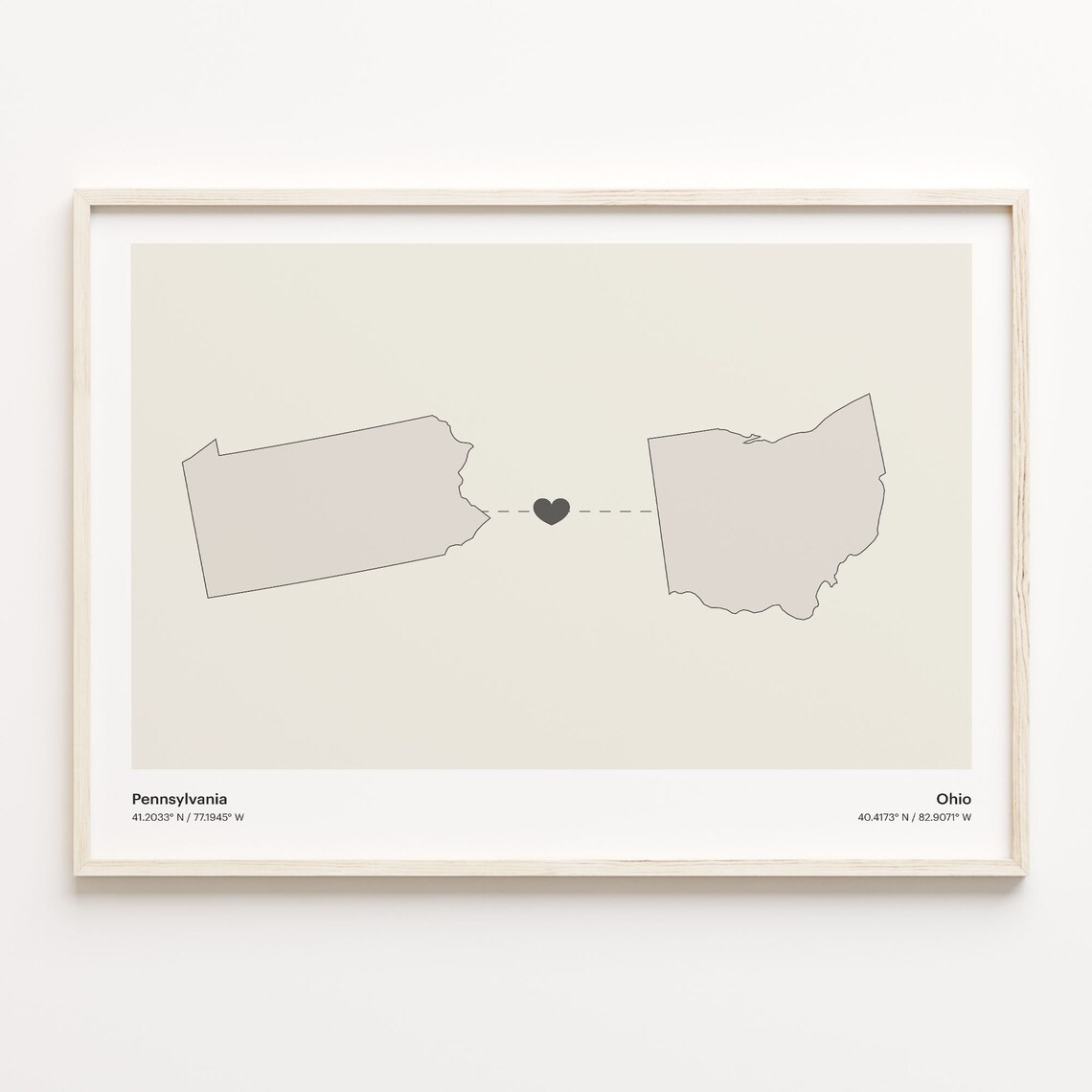 Pennsylvania Ohio Long Distance Love Connection Heart Map Poster