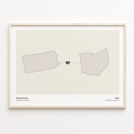 Pennsylvania Ohio Long Distance Love Connection Heart Map Poster