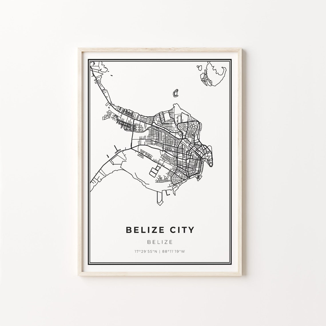 Belize City Belize Coastal Black and White Minimalist Map Poster