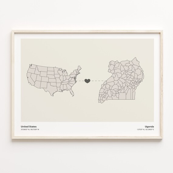United States to Uganda Heart Connection Minimalist Country Map Poster