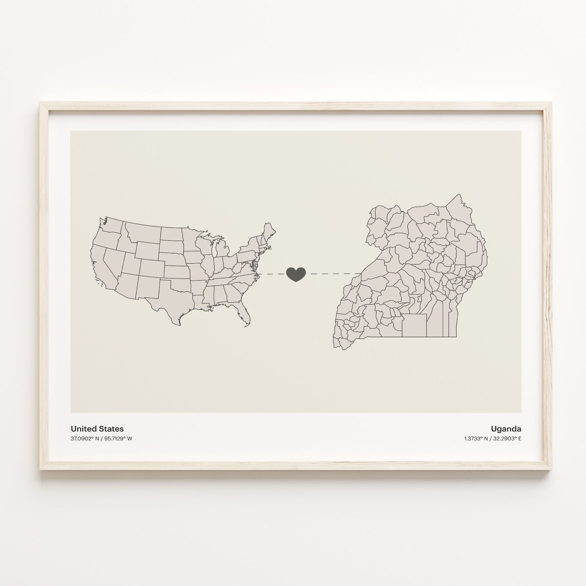 United States to Uganda Heart Connection Minimalist Country Map Poster