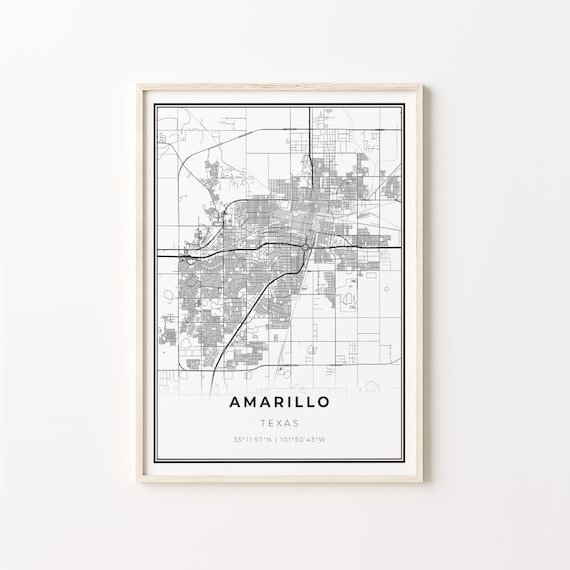Amarillo Texas Modern Minimalist Black White Street Map Poster