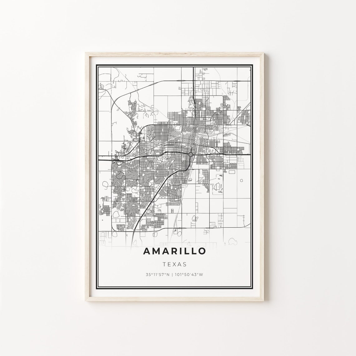 Amarillo Texas Modern Minimalist Black White Street Map Poster