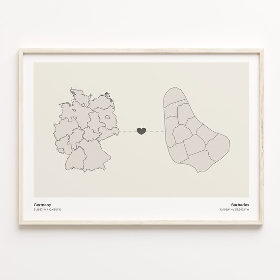 Germany To Barbados Minimalist Country Heart Connection Map Poster