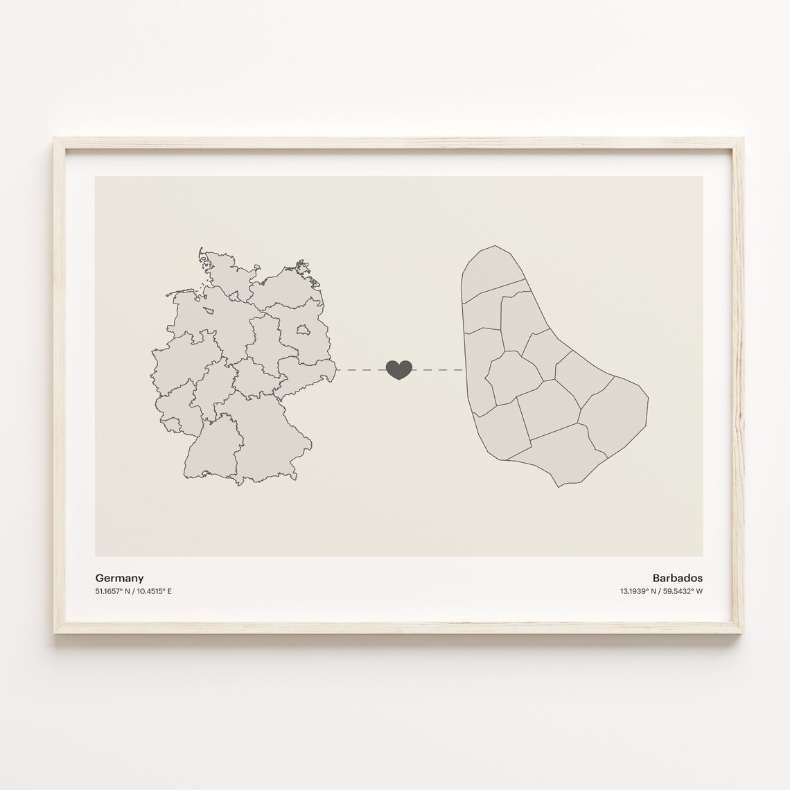 Germany To Barbados Minimalist Country Heart Connection Map Poster