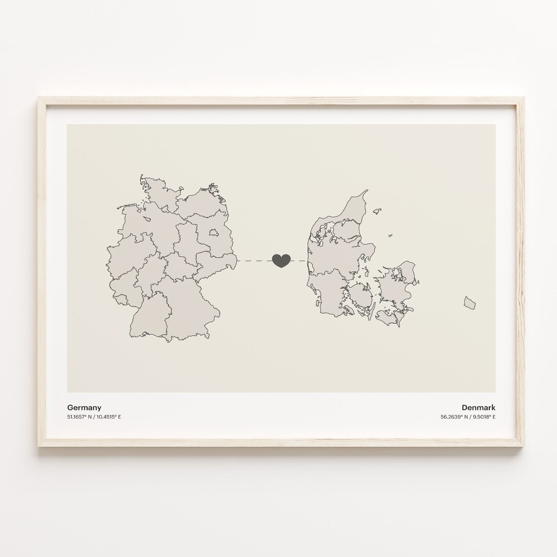 Germany to Denmark Minimalist Long Distance Heart Map Connection Poster
