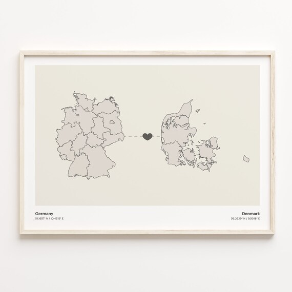 Germany to Denmark Minimalist Long Distance Heart Map Connection Poster