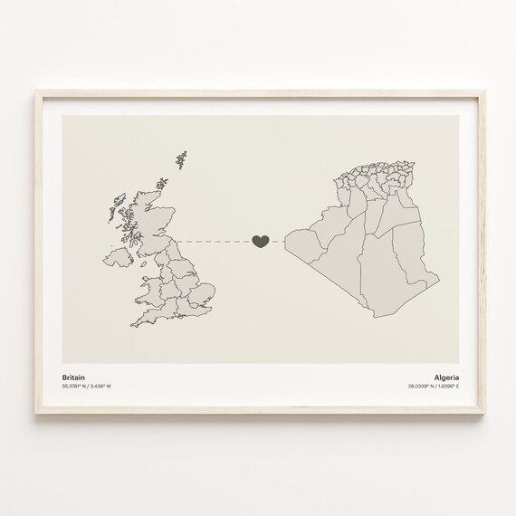 Britain To Algeria Minimalist Love Heart Connection Map Poster
