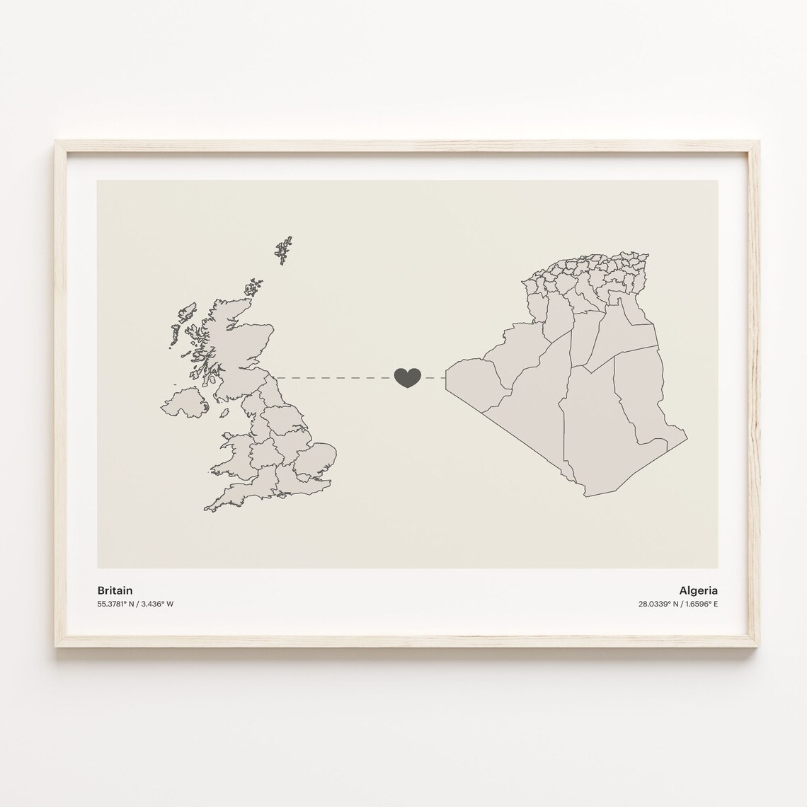 Britain To Algeria Minimalist Love Heart Connection Map Poster