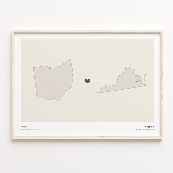 Ohio Virginia State Beige Minimalist Heart Connection Map Poster