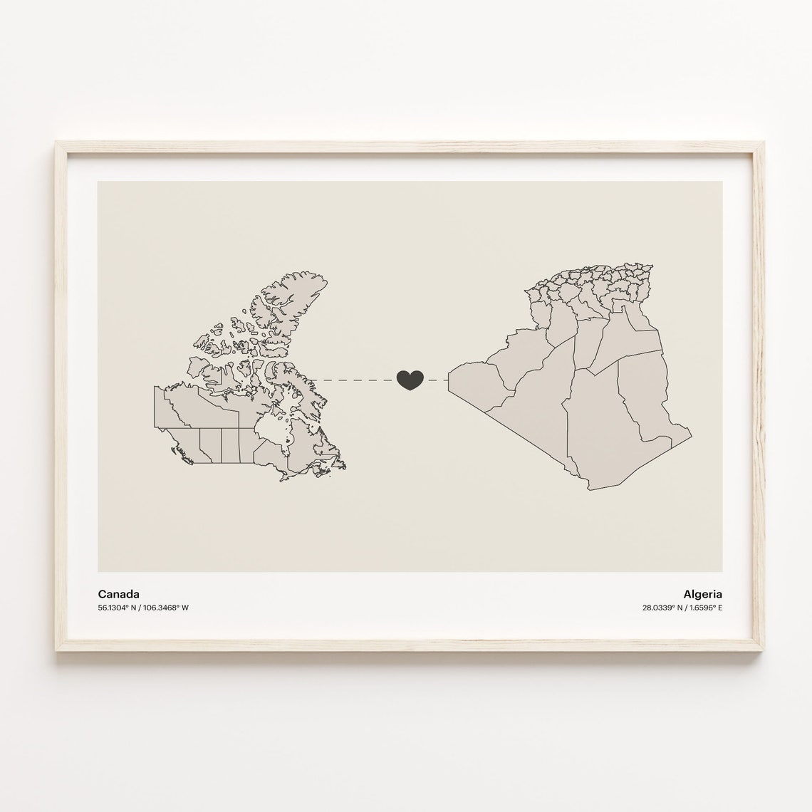 Canada To Algeria Long Distance Heart Map Couple Gift Poster