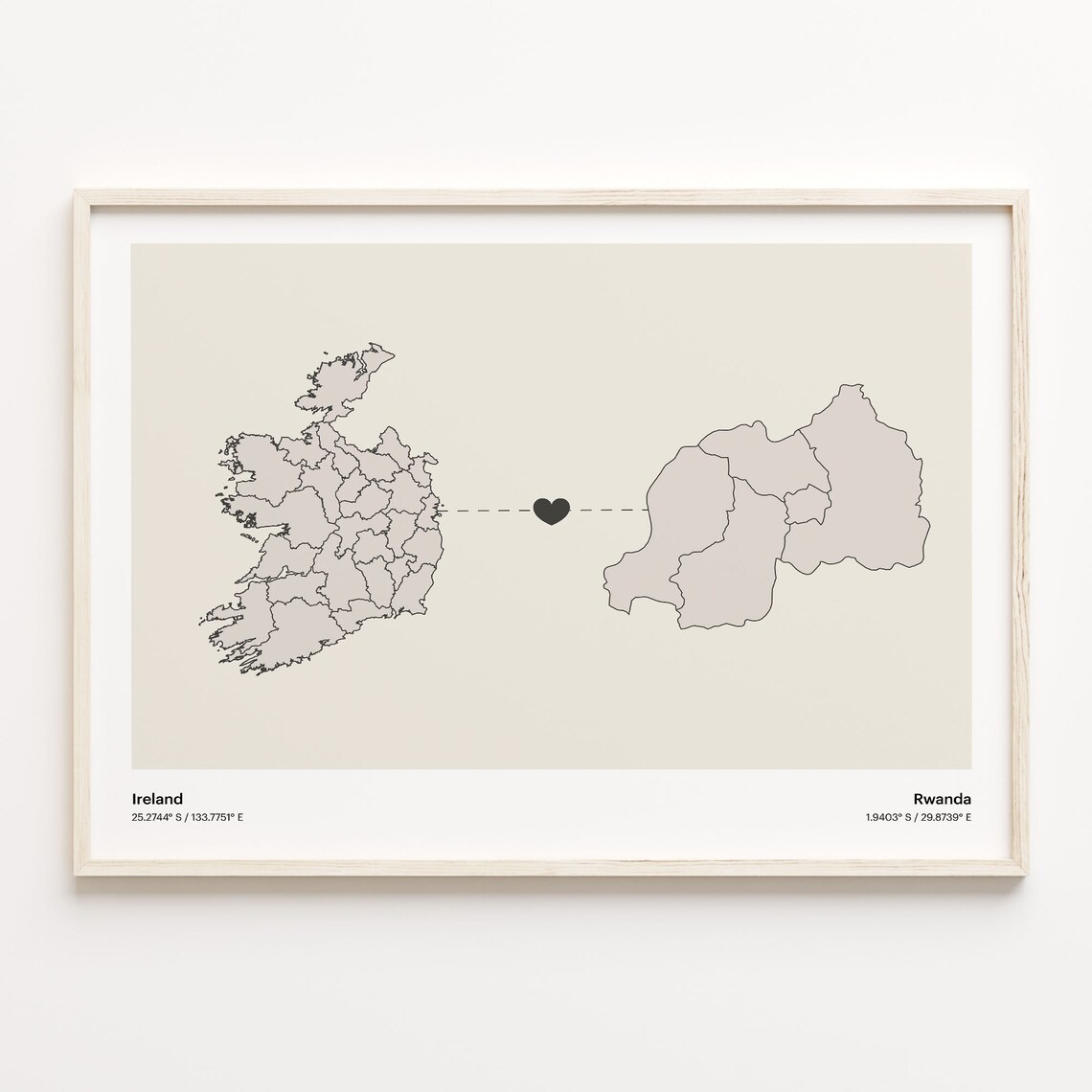 Ireland to Rwanda Heartfelt Long Distance Connection Map Poster